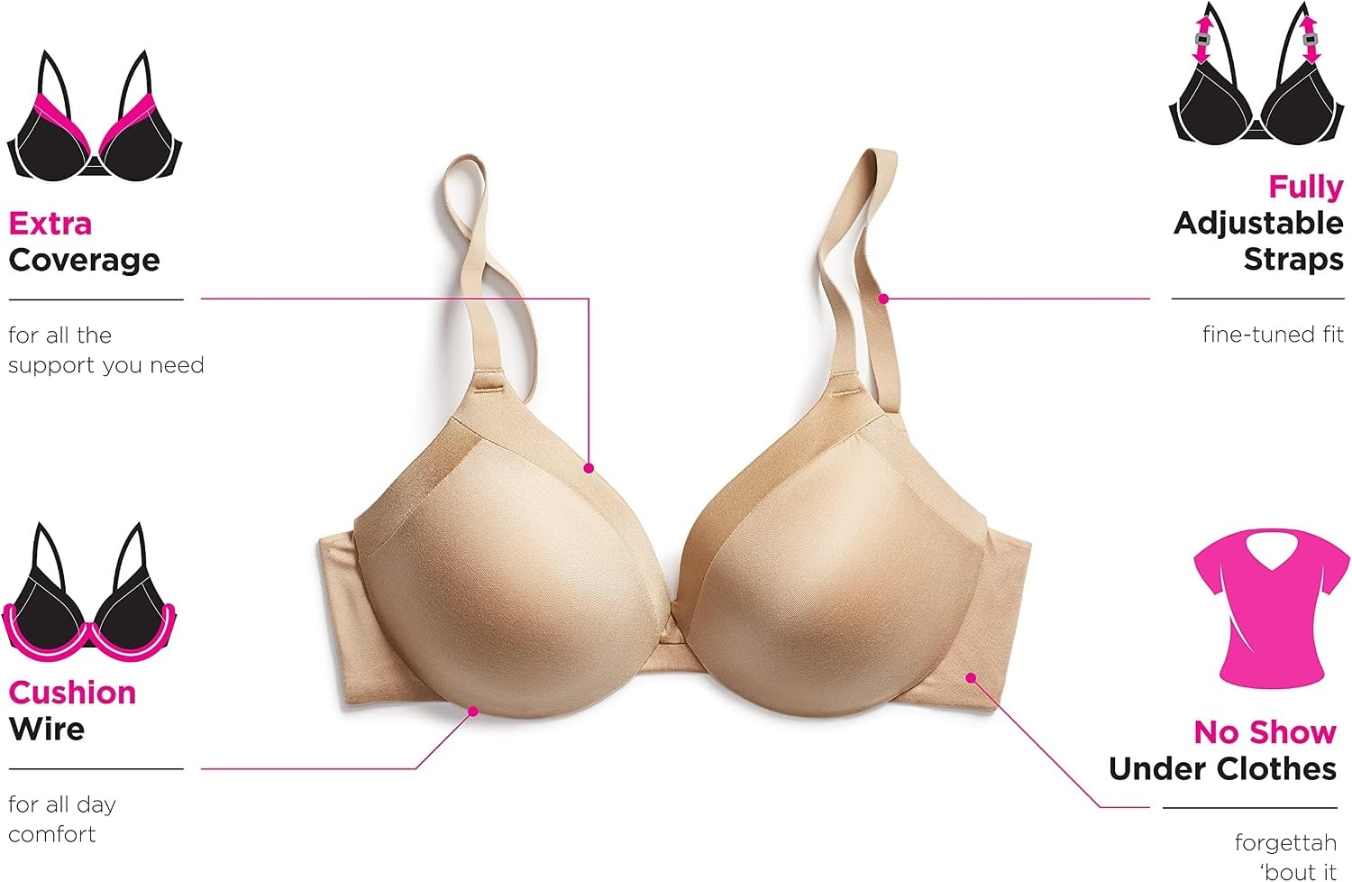 image:imageMaidenform Womens Comfort Devotion Underwire Bra Convertible Tshirt Bra Retired ColorsSandshell