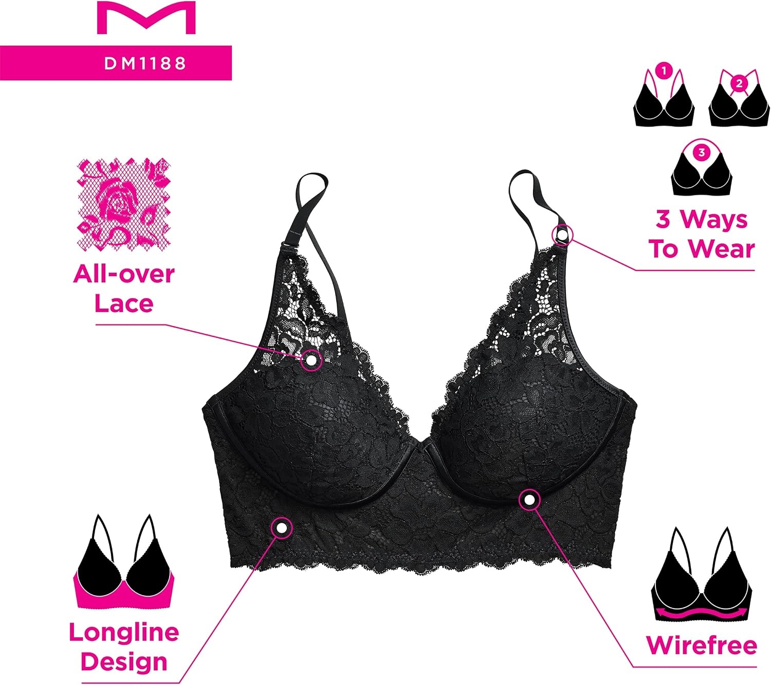 image:imageMaidenform Womens Lace Bralette Padded Longline Bralettes Convertible Wireless Bras for Women PlusWhite