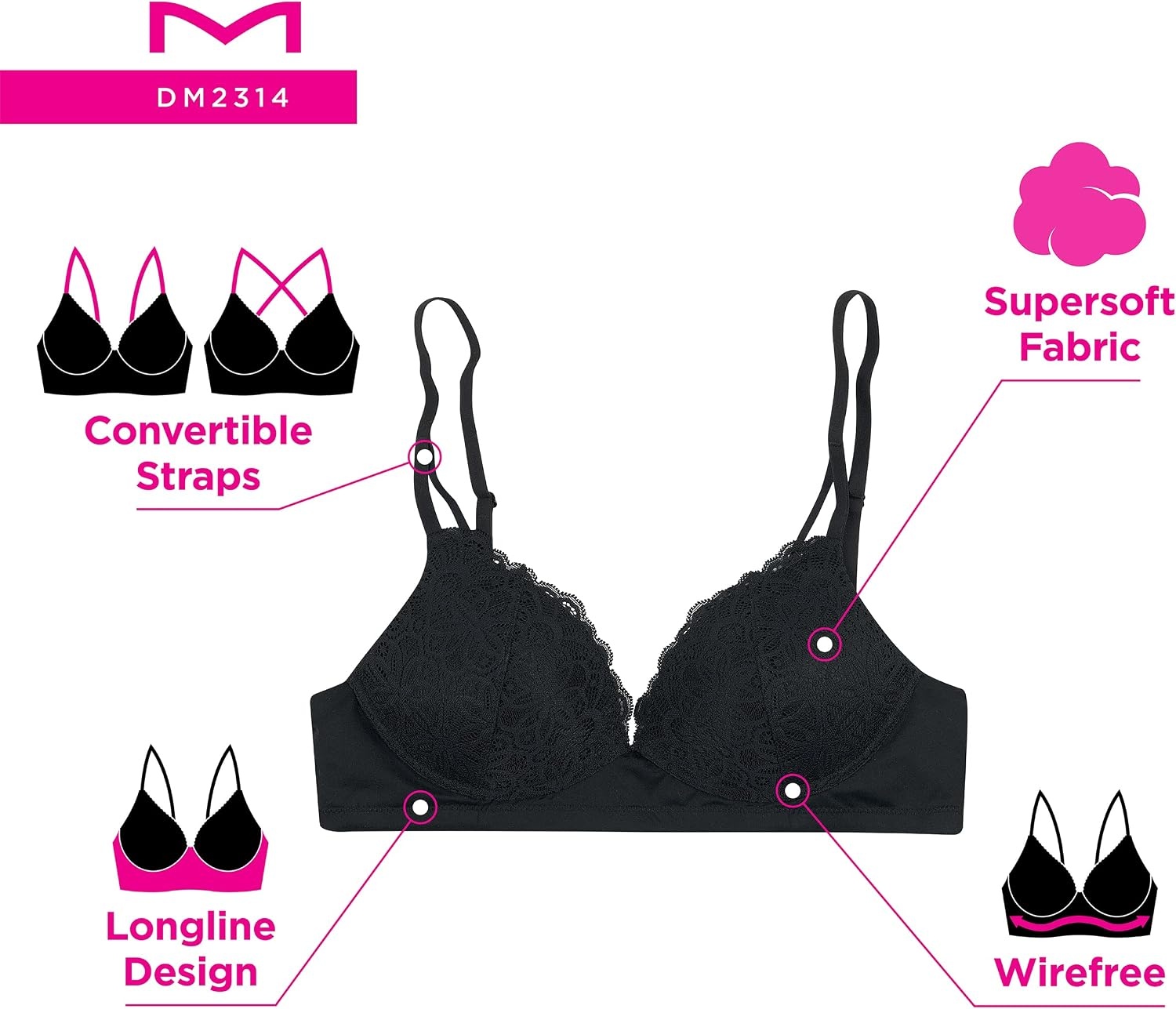 image:imageMaidenform Womens M Soft Support Wireless Bralette Soft Convertible Bra with LaceBlack