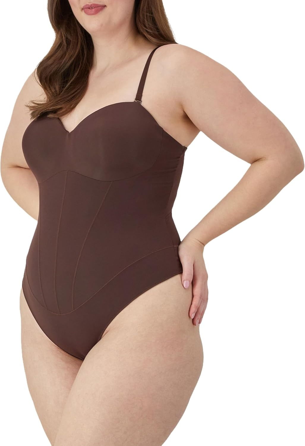 image:imageMaidenform Womens Tummy Shaping Thong Bodysuit Multiway Thong Shaper Firm ControlJust Brown