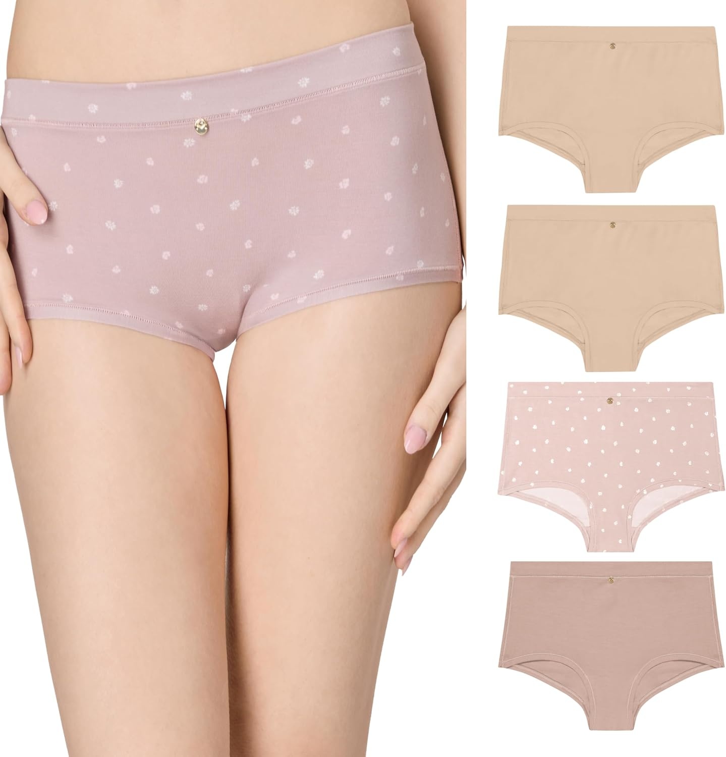 image:imageMaidenform Womens Underwear Boy Shorts 4pack Boy Short Panties for Women Midrise Panty MicrofiberAlmondEvening BlushBlush HeartAlmond