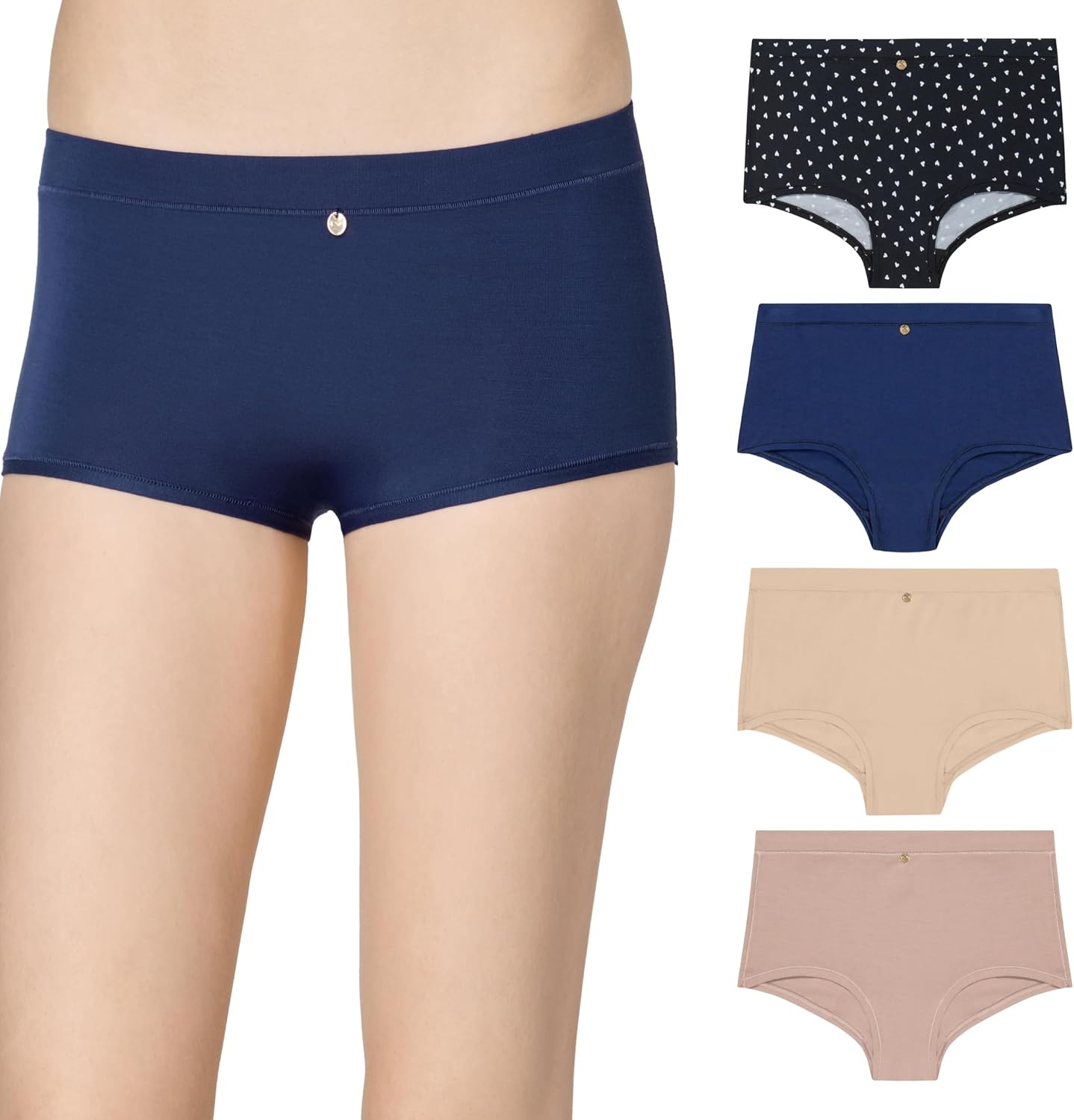 image:imageMaidenform Womens Underwear Boy Shorts 4pack Boy Short Panties for Women Midrise Panty MicrofiberBlack HeartsNavyAlmondEvening Blush