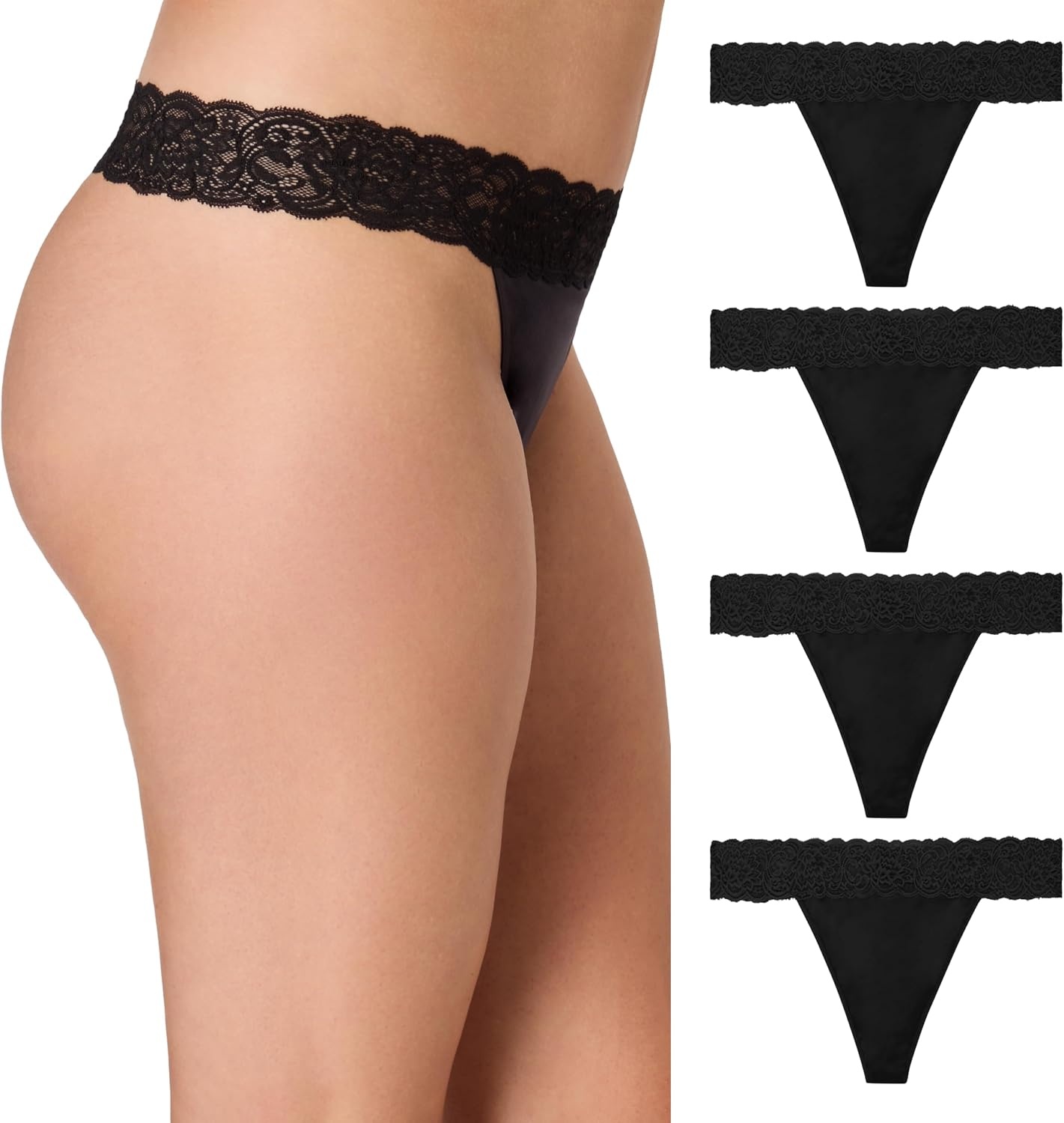 image:imageMaidenform Womens Underwear Thongs 4Pack Soft Thong Panties for Women MidRise Panty Microfiber LaceBlackBlackBlackBlack