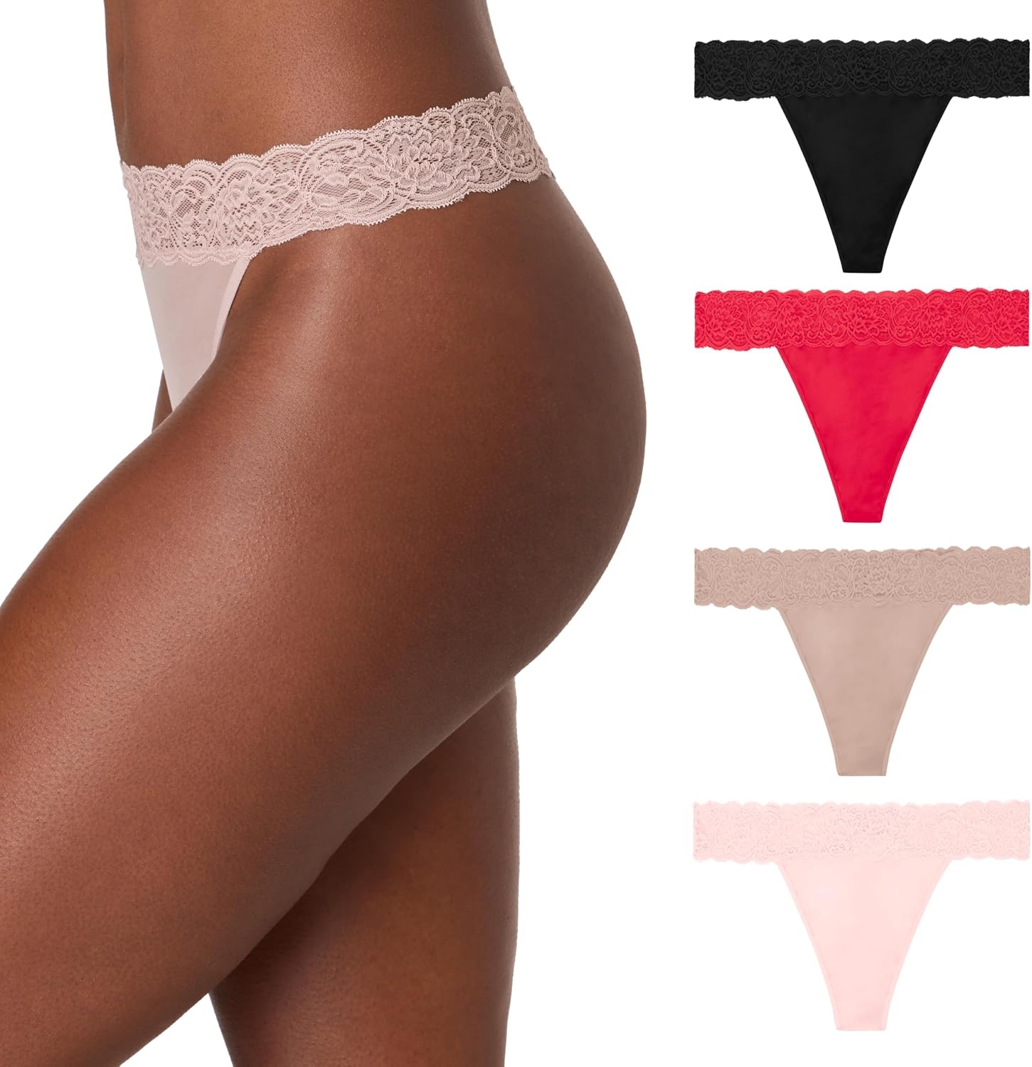image:imageMaidenform Womens Underwear Thongs 4Pack Soft Thong Panties for Women MidRise Panty Microfiber LaceRedBallerinaBlackEvening Blush