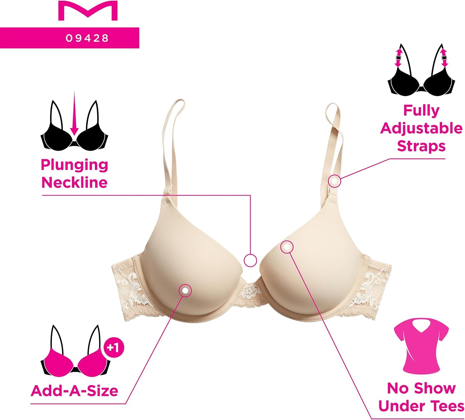 image:imageMaidenform Womens Underwire Bra Natural Boost Demi PushUp TShirt Bras for Women Lace Trim Convertible PlungingBlack