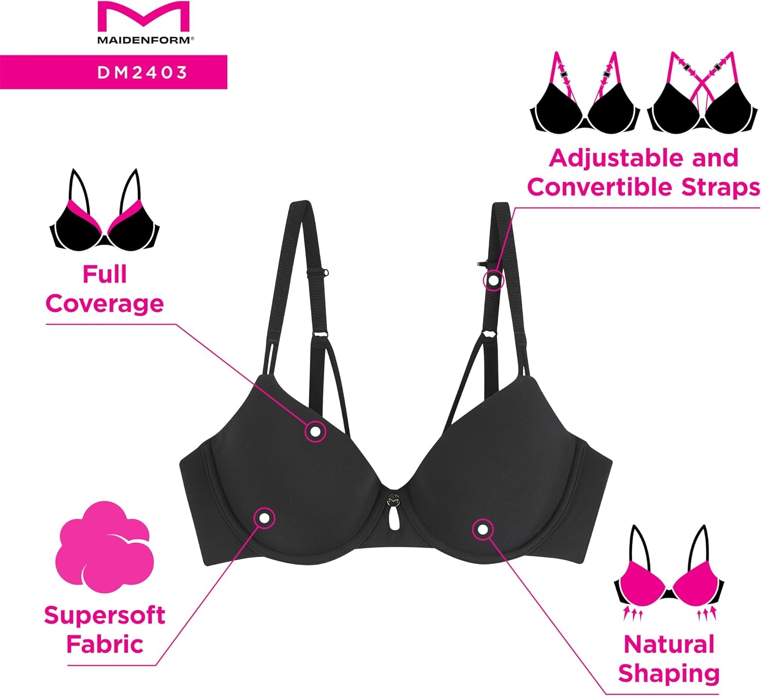 image:imageMaidenform Womens Underwire TShirt Bra Everyday Luxe TShirt Bra Full Coverage BraBlack