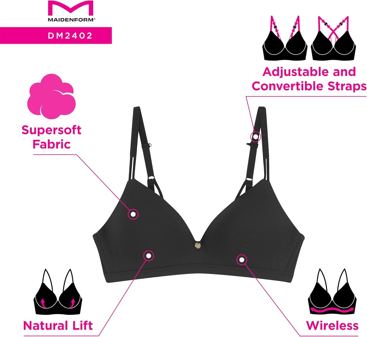 image:imageMaidenform Womens Wireless Bra Everyday Luxe TShirt Wireless Bras for Women Convertible Straps SmoothingPewter Green
