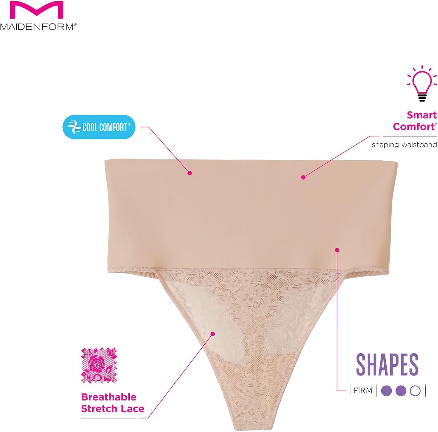 image:imageMaidenform womens Tame Your Tummy Lace Thong Panties Firm Control Shapewear Thong Cool ComfortTransparentNude Lace