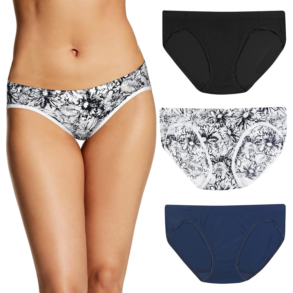 image:imageMaidenform Womens Bikini Underwear Barely There Microfiber Panties No Panty Lines 3packBlackMarker Floral PrintNavy
