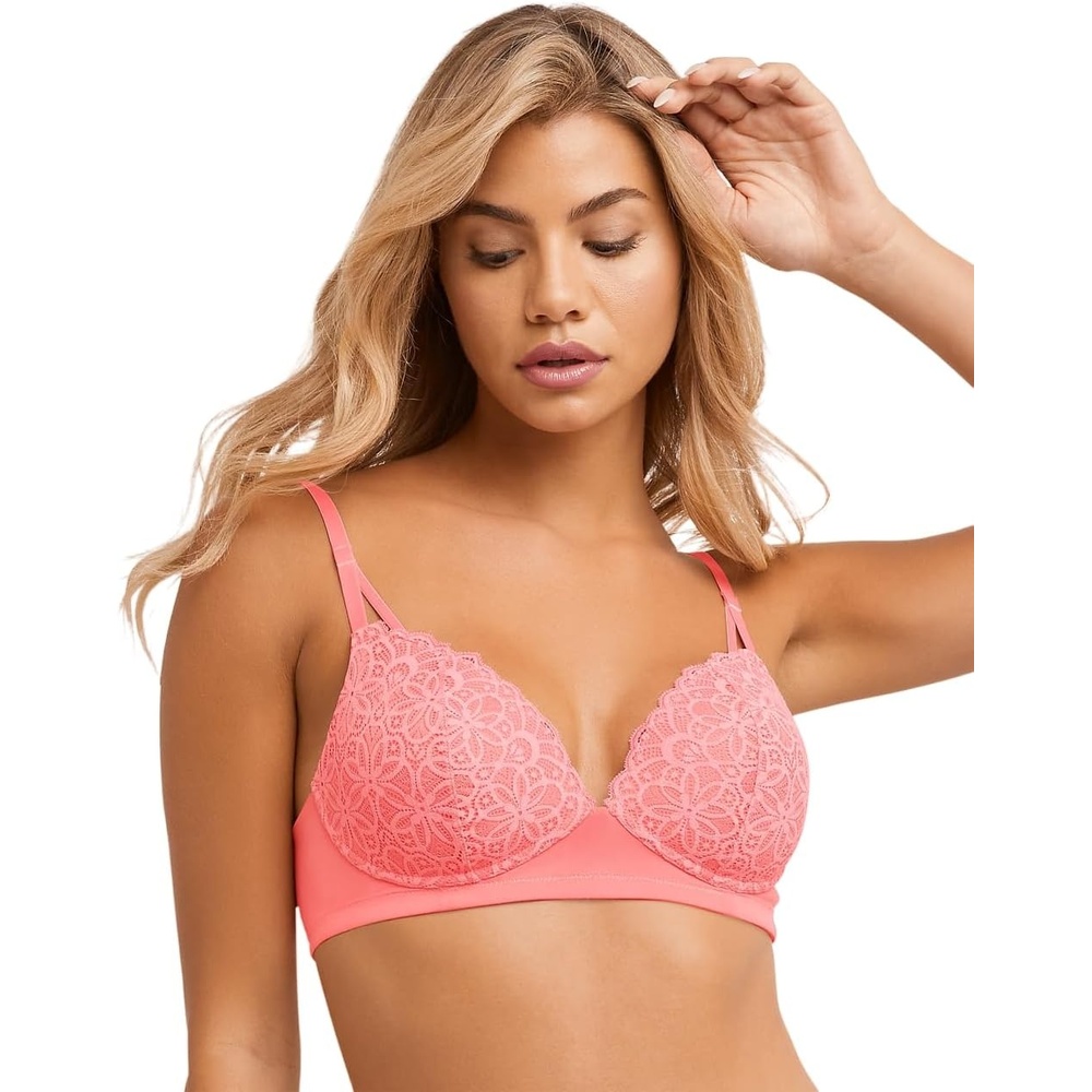 image:imageMaidenform Womens M Soft Support Wireless Bralette Soft Convertible Bra with LaceCoral Zest