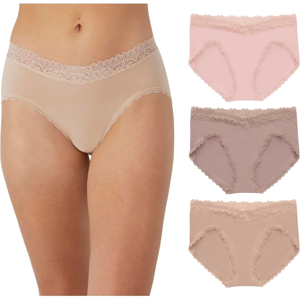 image:imageMaidenform Womens Microfiber Bikini Underwear Midrise Bikini Panties 3packAlmond LaceEvening Blush LacePretty Blush Lace