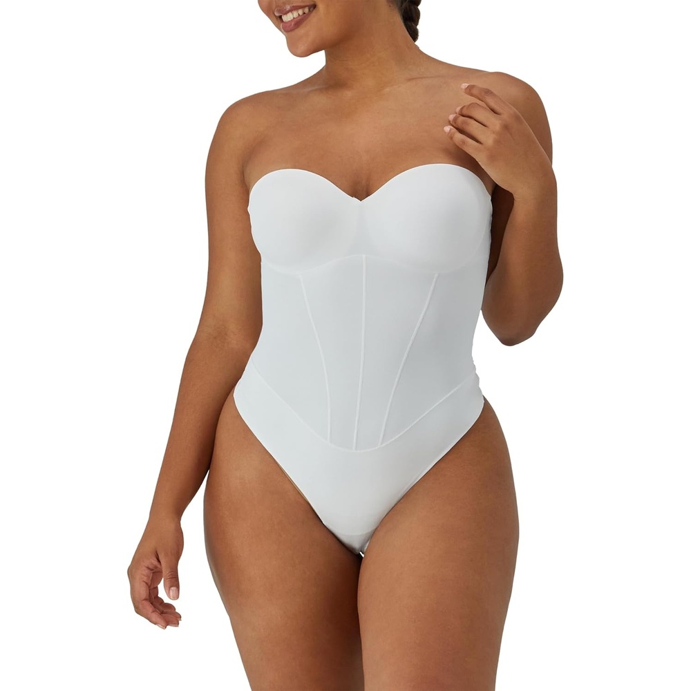 image:imageMaidenform Womens Tummy Shaping Thong Bodysuit Multiway Thong Shaper Firm ControlWhite
