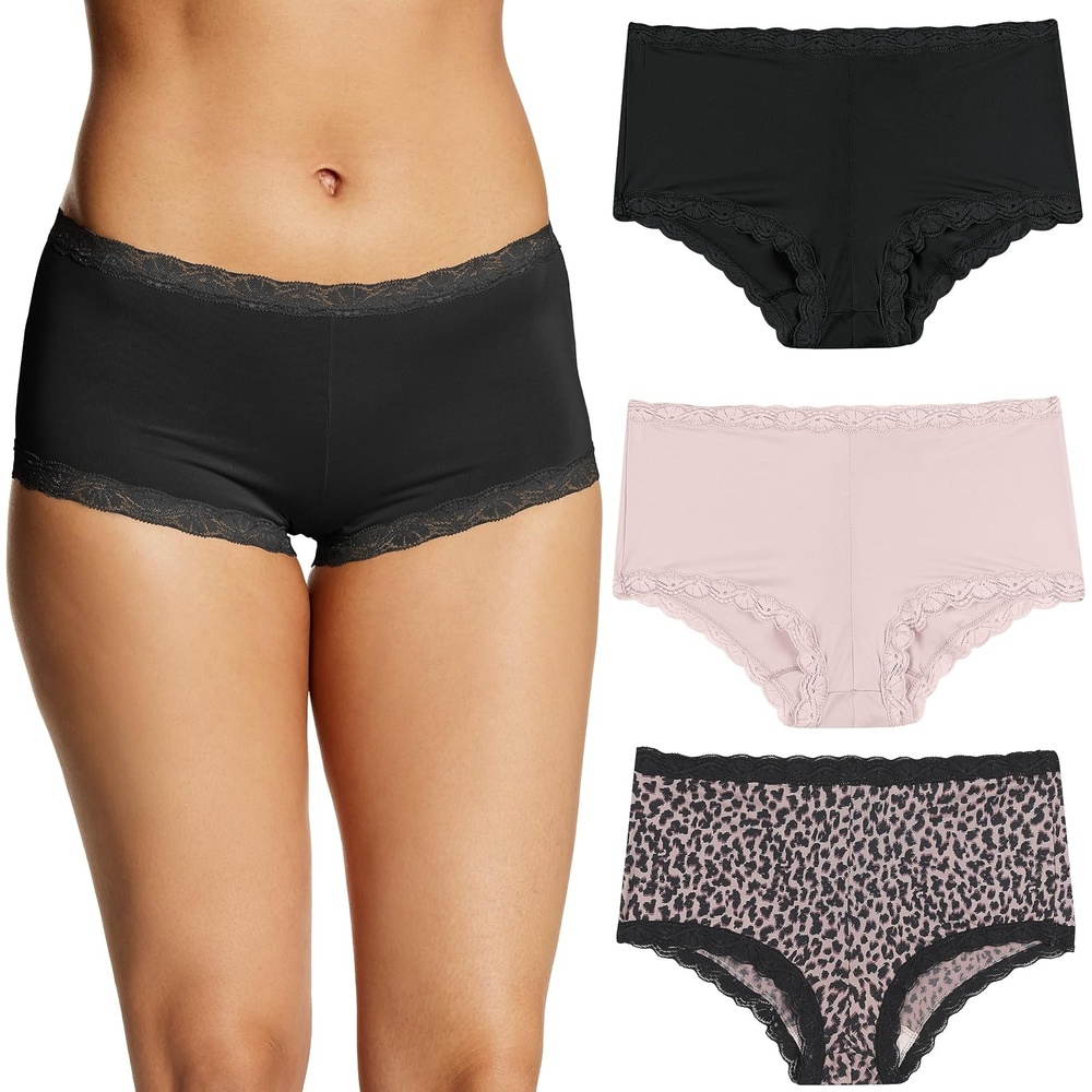 image:imageMaidenform Womens Underwear Boy Shorts Pack 3Pack Microfiber Boy shorts Underwear Women Pack Lace Panties for WomenBlackGlossZippy Animal Print
