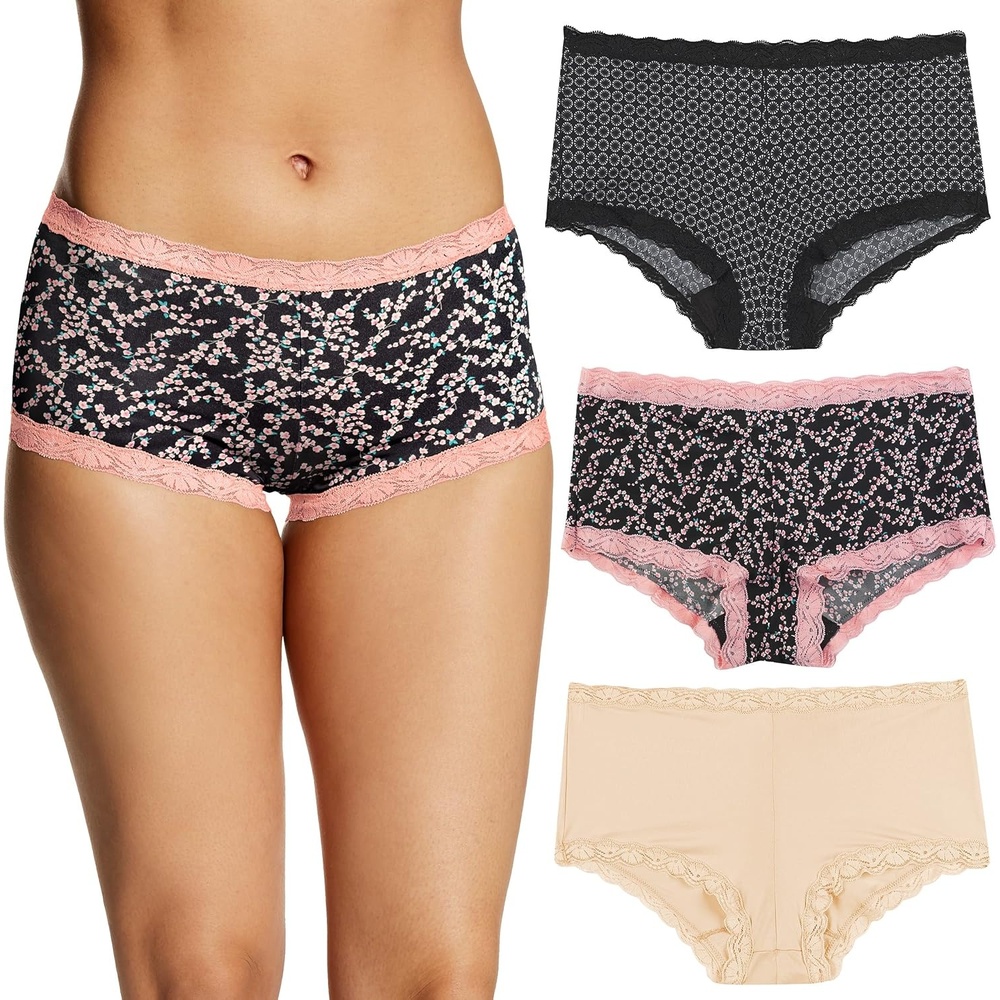 image:imageMaidenform Womens Underwear Boy Shorts Pack 3Pack Microfiber Boy shorts Underwear Women Pack Lace Panties for WomenGeo SnowCherry BlossomLatte Lift