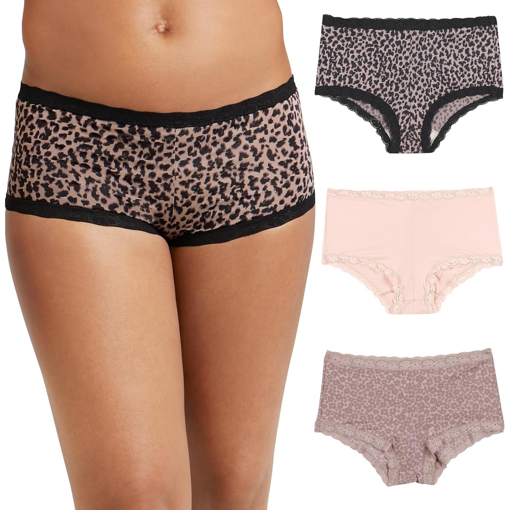 image:imageMaidenform Womens Underwear Boy Shorts Pack 3Pack Microfiber Boy shorts Underwear Women Pack Lace Panties for WomenZippy AnimalSandshellEvening Blush Floral