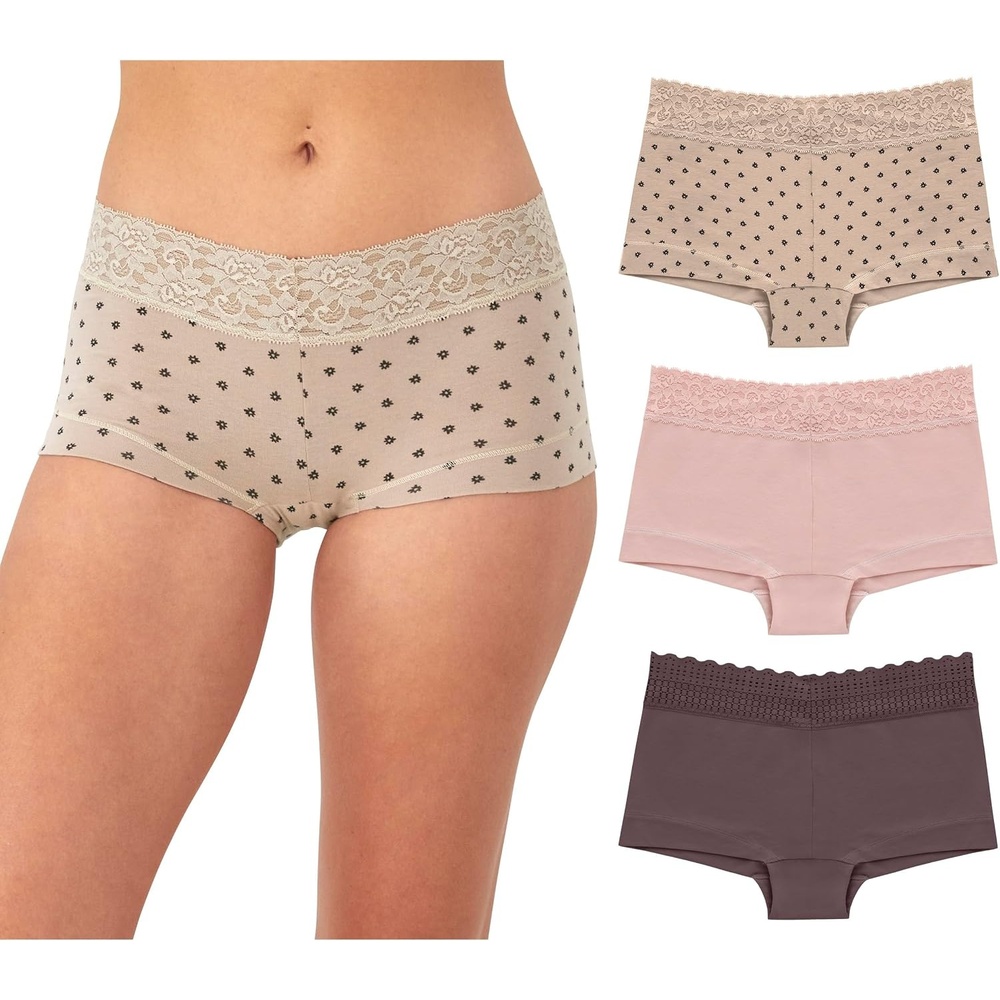 image:imageMaidenform Womens Underwear Boy Shorts Pack 3Pack Stretch Cotton Underwear Women Pack Comfy Boy short Panties for WomenSparrow BrownDaisy Dot PrintPretty Blush