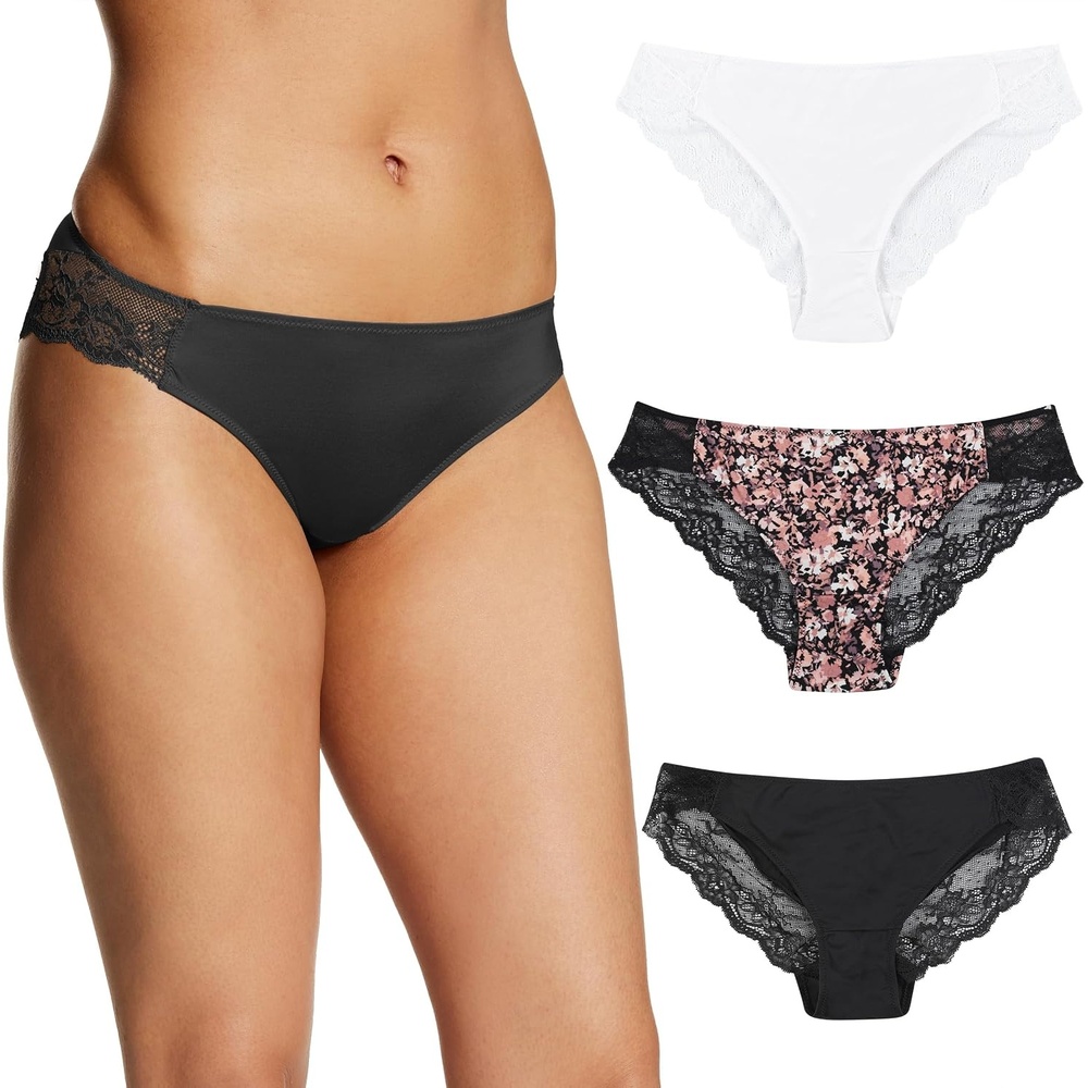 image:imageMaidenform Womens Underwear Tangas Pack 3Pack Lace Tanga Underwear Women Pack Cheeky Smooth amp Soft Panties for WomenWhiteAbstract FloralBlack