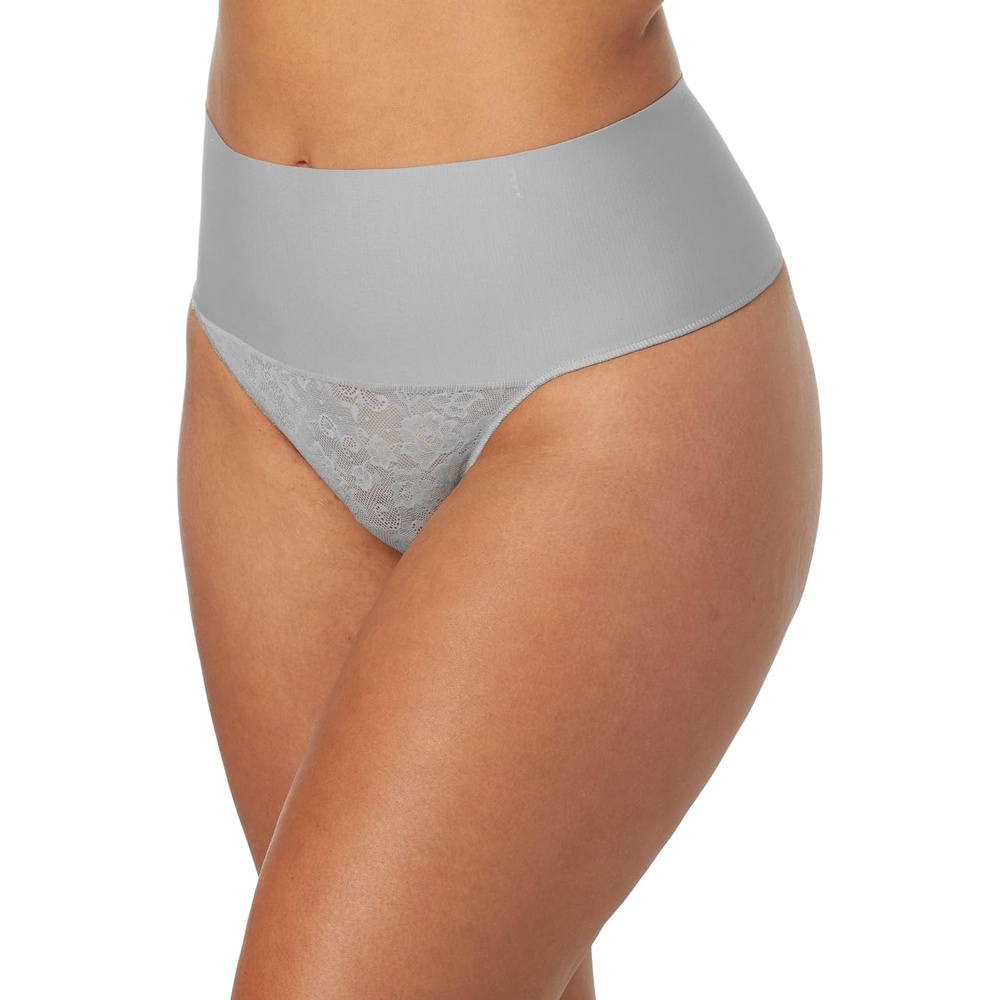 image:imageMaidenform womens Tame Your Tummy Lace Thong Panties Firm Control Shapewear Thong Cool ComfortSilver Filigree Swing Lace