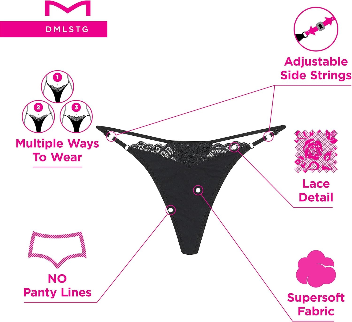 image:imageMaidenform Womens M Adjustable String Thong Underwear No show Panties Multiway Straps 3 packBlackBlackBlack