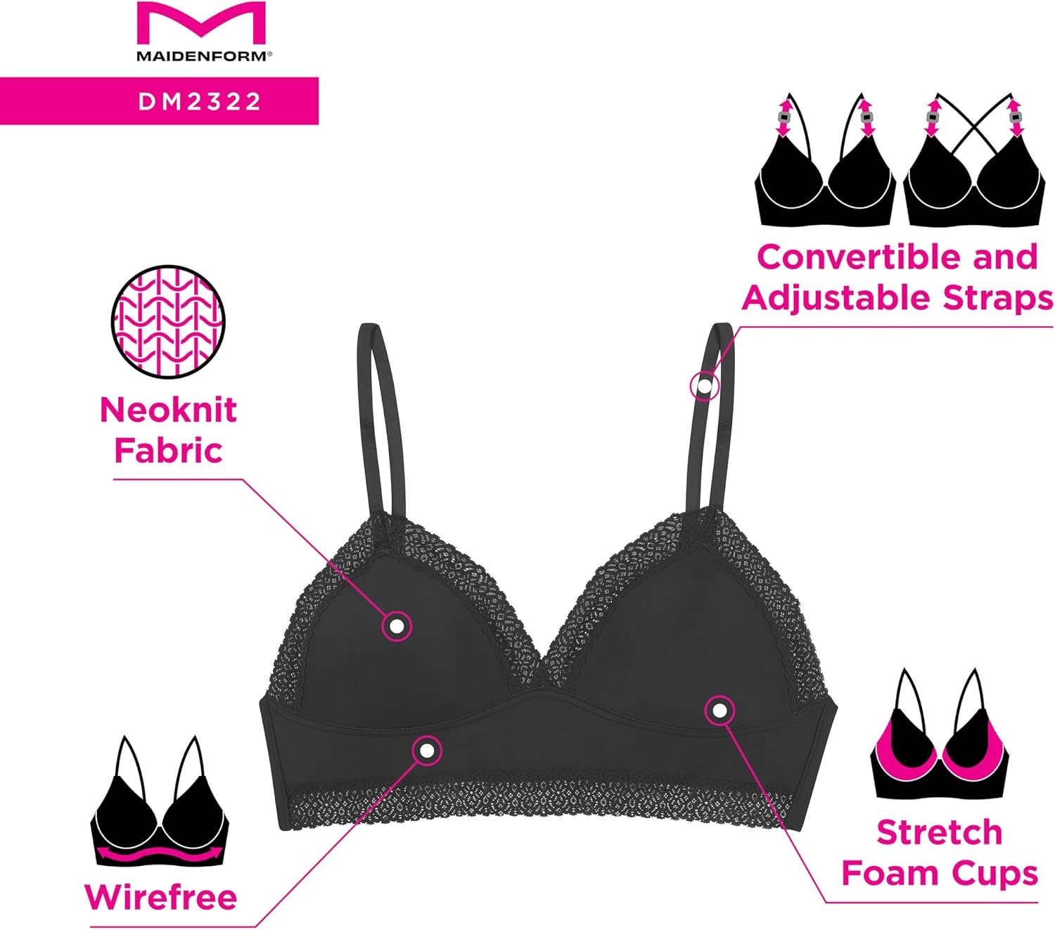 image:imageMaidenform Womens M Lace Trim Triangle Bralette Pullover Lace Bra Convertible Wireless BraletteWhite