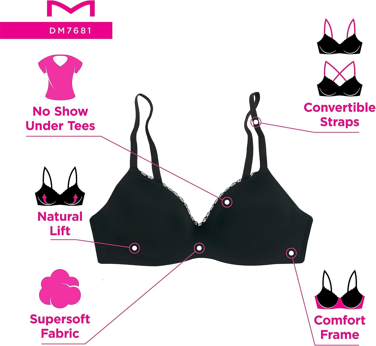 image:imageMaidenform Womens M Lift Bralette Convertible Demi Bra LaceTrimmed Wireless TShirt BraPainted Dots PrintBlack
