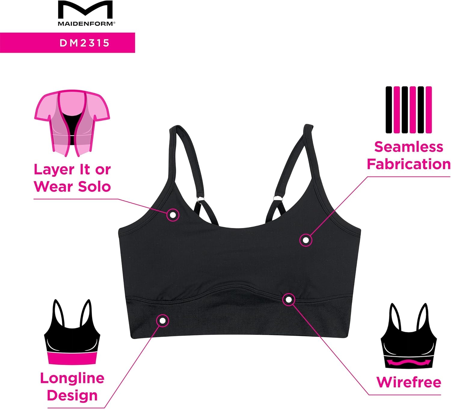 image:imageMaidenform Womens M Seamless Crop Tank Wireless Bralette LongLine Cropped Pullover BraBlack