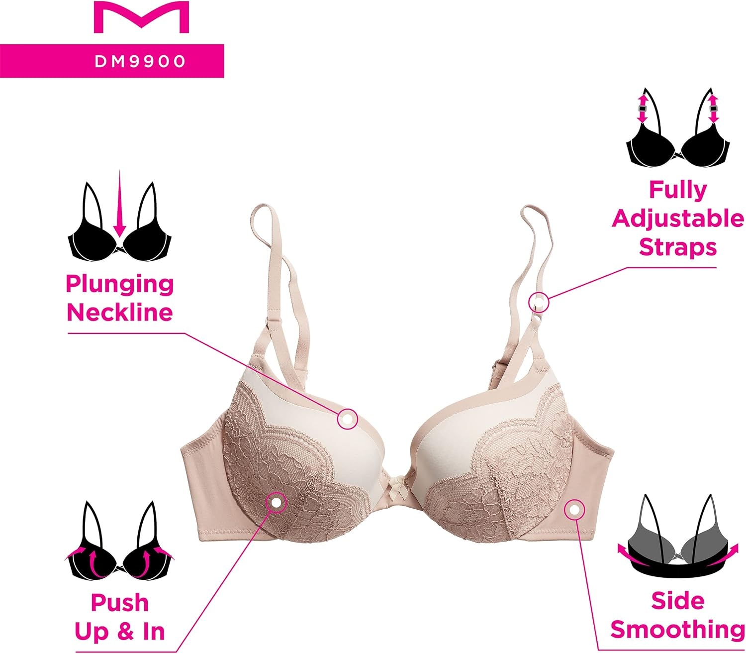 image:imageMaidenform Womens PushUp Bra Love The Lift Lace Demi PushUp Bras for Women Smoothing Underwire Convertible StrapsBlackBody Beige Lining