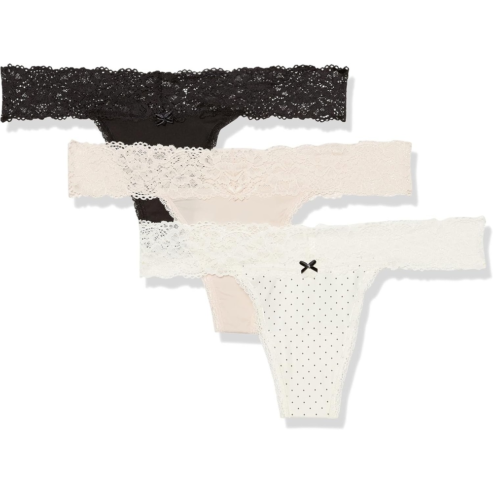 image:imageMaidenform Womens Dream with Lace Thong PantySandshellBlackPearl Dot Print