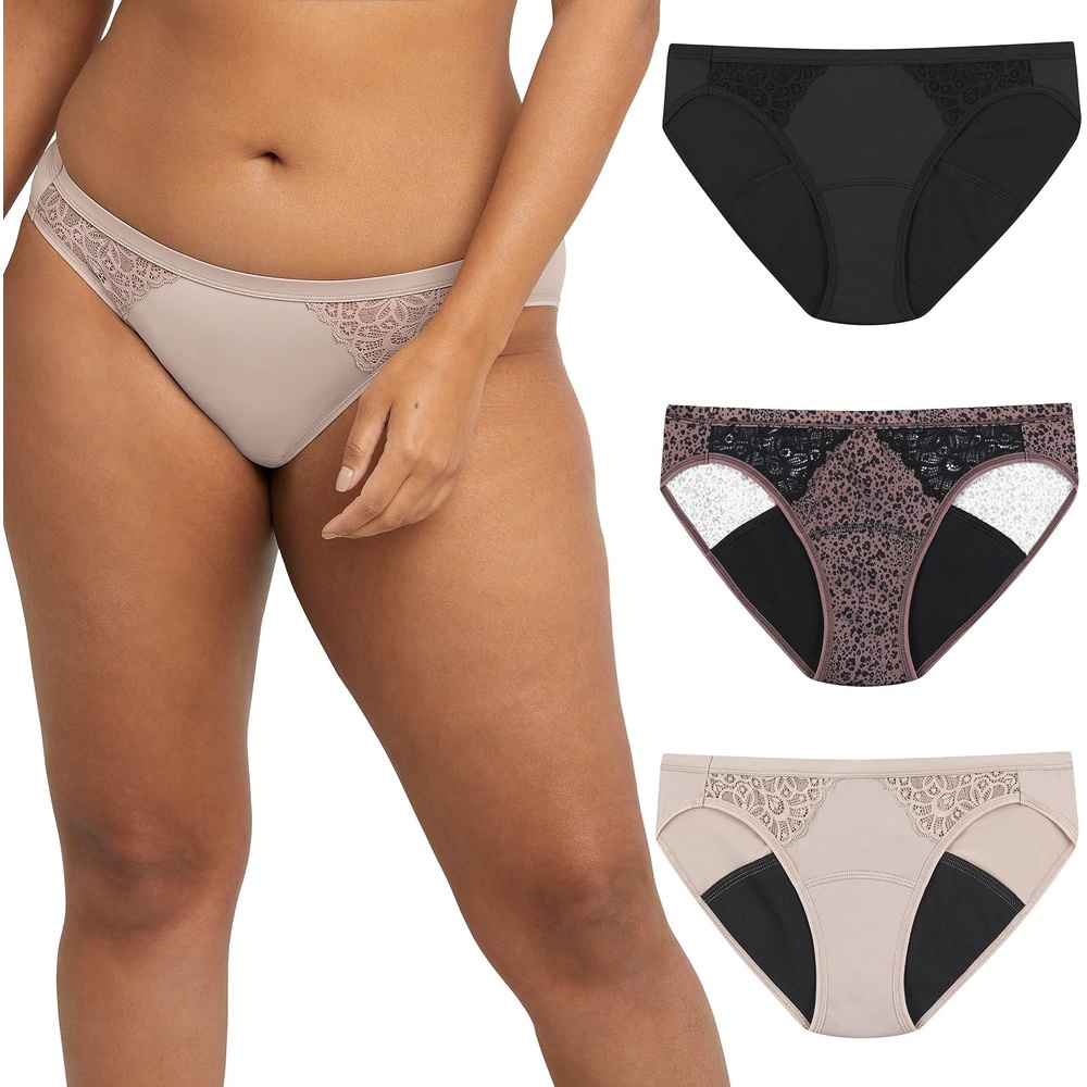 image:imageMaidenform Womens Moderate Absorbency Period Bikini Panties Builtin Liner Odor Guard 3PackBlackSparrow Brown LeopardEvening Blush